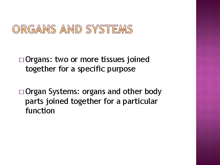 � Organs: two or more tissues joined together for a specific purpose � Organ