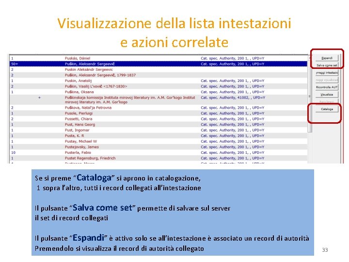 Visualizzazione della lista intestazioni e azioni correlate Se si preme “Cataloga” si aprono in