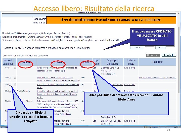 Accesso libero: Risultato della ricerca Il set di record ottenuto è visualizzato in FORMATO