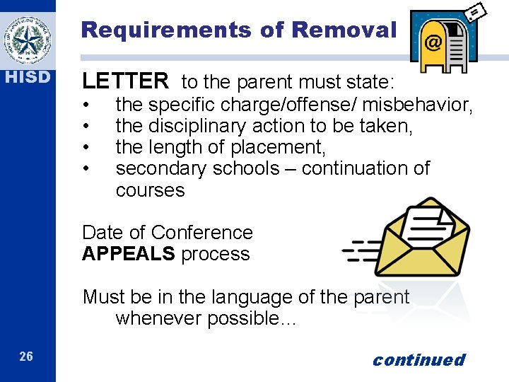 Requirements of Removal HISD LETTER to the parent must state: • • the specific Requirements of Removal HISD LETTER to the parent must state: • • the specific