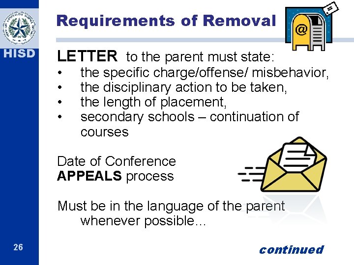 Requirements of Removal HISD LETTER to the parent must state: • • the specific