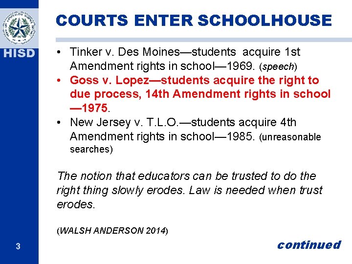 COURTS ENTER SCHOOLHOUSE HISD • Tinker v. Des Moines—students acquire 1 st Amendment rights