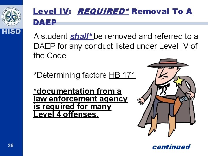 HISD Level IV: REQUIRED* Removal To A DAEP A student shall* be removed and HISD Level IV: REQUIRED* Removal To A DAEP A student shall* be removed and