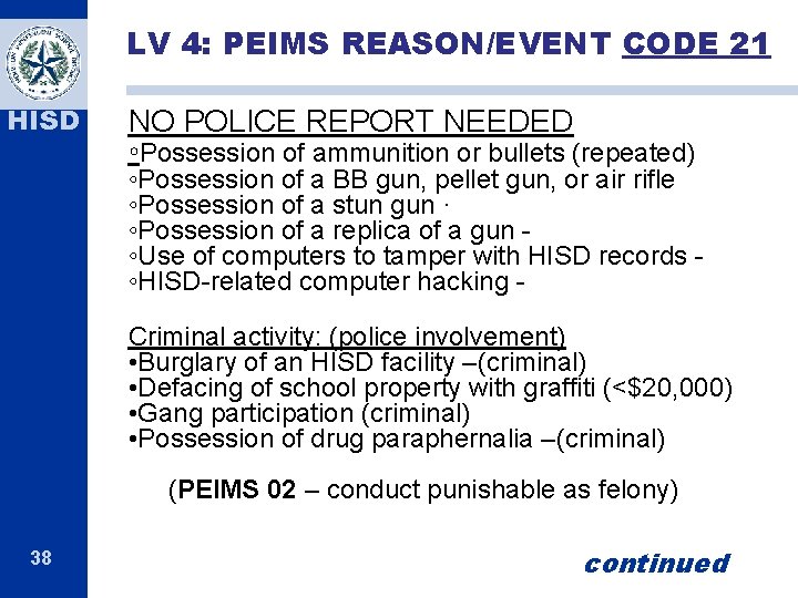 LV 4: PEIMS REASON/EVENT CODE 21 HISD NO POLICE REPORT NEEDED ◦Possession of ammunition LV 4: PEIMS REASON/EVENT CODE 21 HISD NO POLICE REPORT NEEDED ◦Possession of ammunition