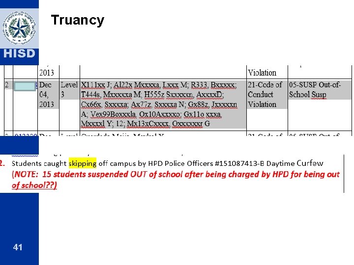 Truancy HISD 41 