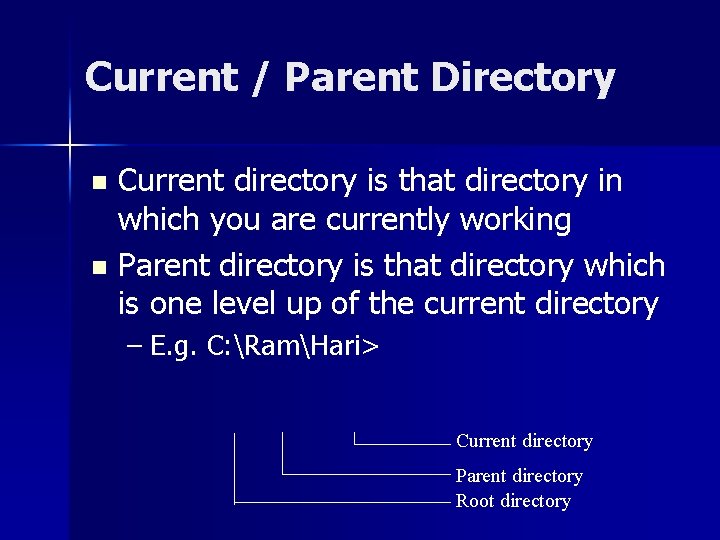 Current / Parent Directory Current directory is that directory in which you are currently