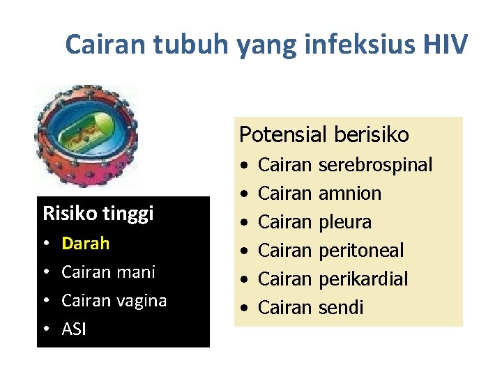 Cairan tubuh yang infeksius HIV Potensial berisiko Risiko tinggi • • Darah Cairan mani