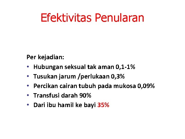 Efektivitas Penularan Per kejadian: • Hubungan seksual tak aman 0, 1 -1% • Tusukan