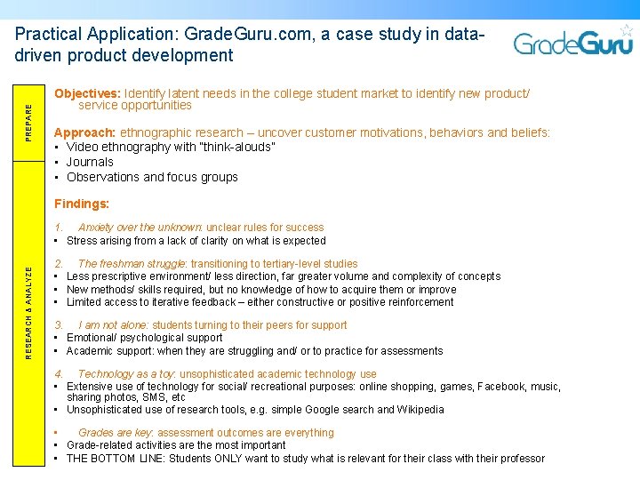 PREPARE Practical Application: Grade. Guru. com, a case study in datadriven product development Objectives: PREPARE Practical Application: Grade. Guru. com, a case study in datadriven product development Objectives: