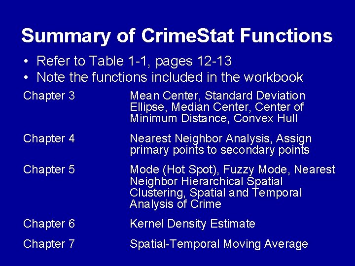 Summary of Crime. Stat Functions • Refer to Table 1 -1, pages 12 -13 Summary of Crime. Stat Functions • Refer to Table 1 -1, pages 12 -13