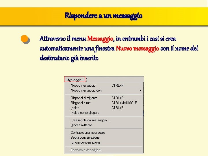 Rispondere a un messaggio Attraverso il menu Messaggio, in entrambi i casi si crea