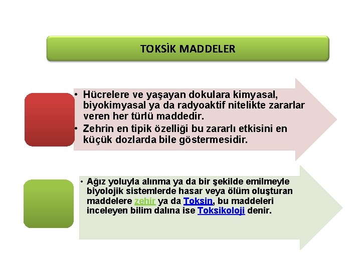 TOKSİK MADDELER • Hücrelere ve yaşayan dokulara kimyasal, biyokimyasal ya da radyoaktif nitelikte zararlar