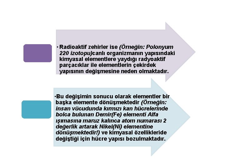  • Radioaktif zehirler ise (Örneğin: Polonyum 220 izotopu)canlı organizmanın yapısındaki kimyasal elementlere yaydığı