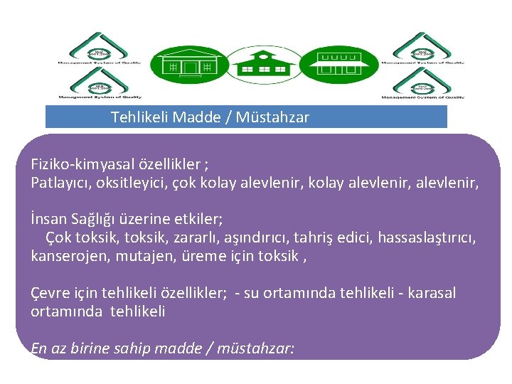 Tehlikeli Madde / Müstahzar Fiziko-kimyasal özellikler ; Patlayıcı, oksitleyici, çok kolay alevlenir, İnsan Sağlığı