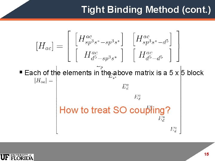 Tight Binding Method (cont. ) § Each of the elements in the above matrix
