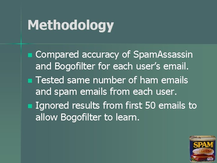 Methodology Compared accuracy of Spam. Assassin and Bogofilter for each user’s email. n Tested
