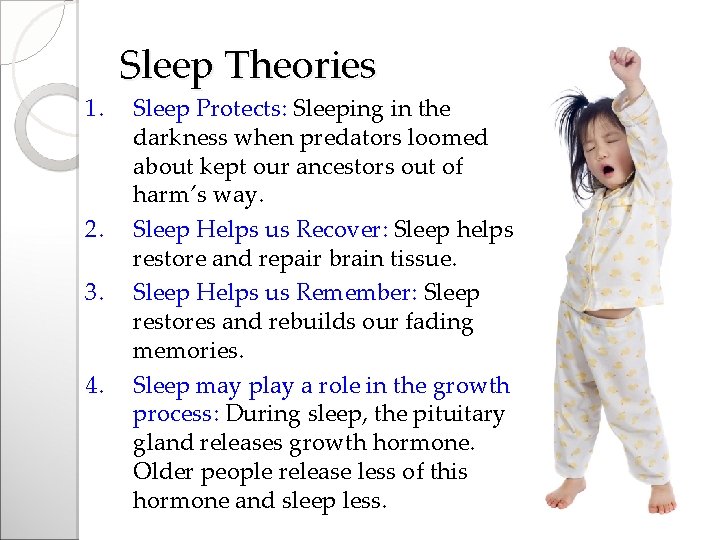 1. 2. 3. 4. Sleep Theories Sleep Protects: Sleeping in the darkness when predators