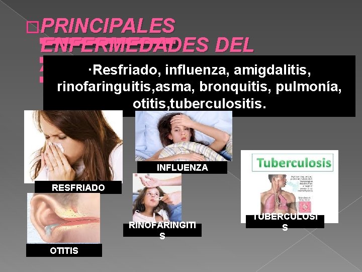  �PRINCIPALES ENFERMEDADES DEL APARATO RESPIRATORIO ·Resfriado, influenza, amigdalitis, rinofaringuitis, asma, bronquitis, pulmonía, otitis,