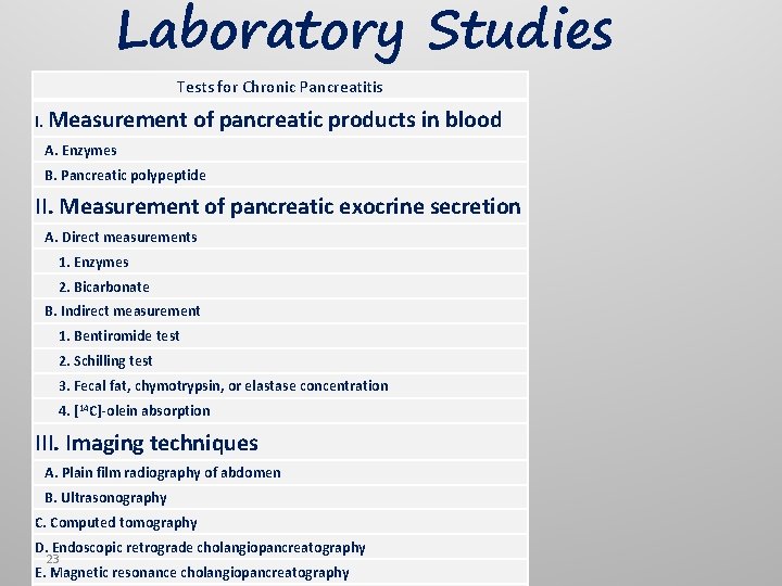 Laboratory Studies Tests for Chronic Pancreatitis I. Measurement of pancreatic products in blood A.