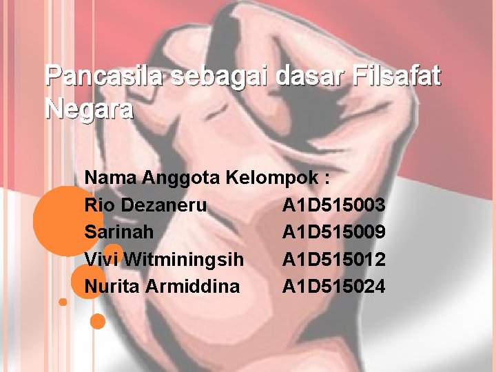 Pancasila sebagai dasar Filsafat Negara Nama Anggota Kelompok : Rio Dezaneru A 1 D