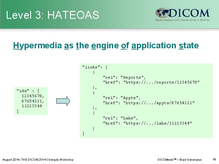 Level 3: HATEOAS Hypermedia as the engine of application state "ids" : [ 12345678,