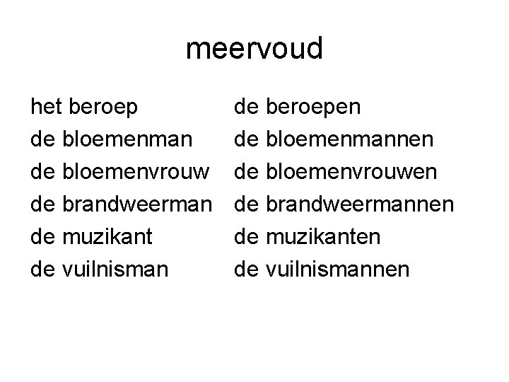 meervoud het beroep de bloemenman de bloemenvrouw de brandweerman de muzikant de vuilnisman de