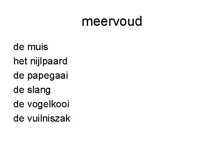 meervoud de muis het nijlpaard de papegaai de slang de vogelkooi de vuilniszak 