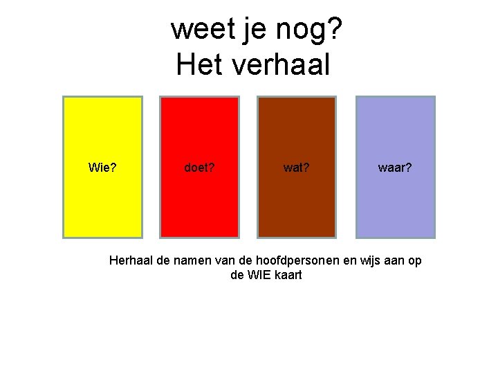 weet je nog? Het verhaal Wie? doet? waar? Herhaal de namen van de hoofdpersonen