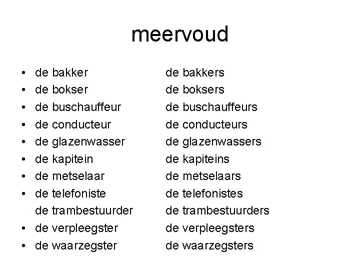 meervoud • • de bakker de bokser de buschauffeur de conducteur de glazenwasser de