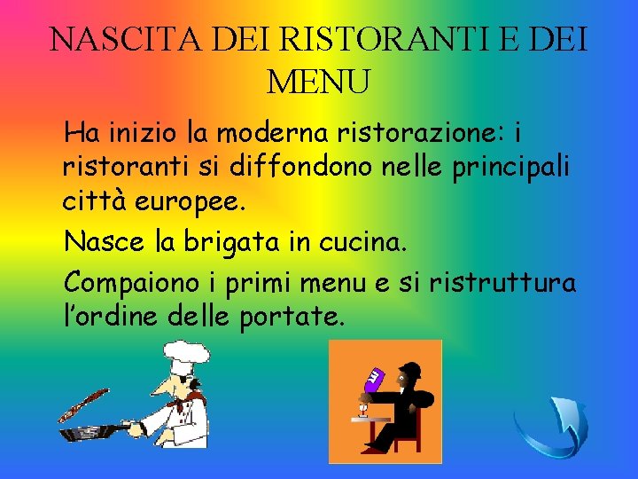 NASCITA DEI RISTORANTI E DEI MENU Ha inizio la moderna ristorazione: i ristoranti si