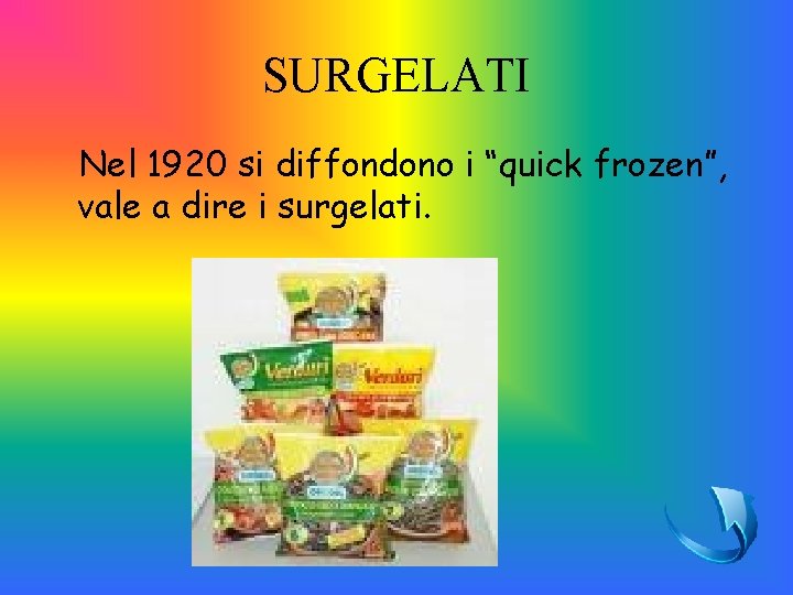 SURGELATI Nel 1920 si diffondono i “quick frozen”, vale a dire i surgelati. 