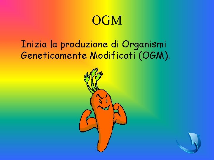 OGM Inizia la produzione di Organismi Geneticamente Modificati (OGM). 