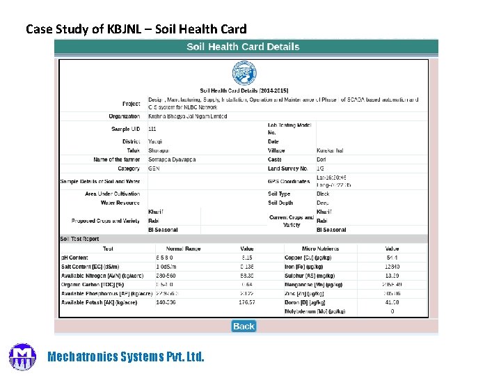 Case Study of KBJNL – Soil Health Card Mechatronics Systems Pvt. Ltd. 
