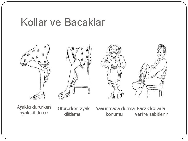 Kollar ve Bacaklar Ayakta dururken ayak kilitleme Otururken ayak kilitleme Savunmada durma Bacak kollarla