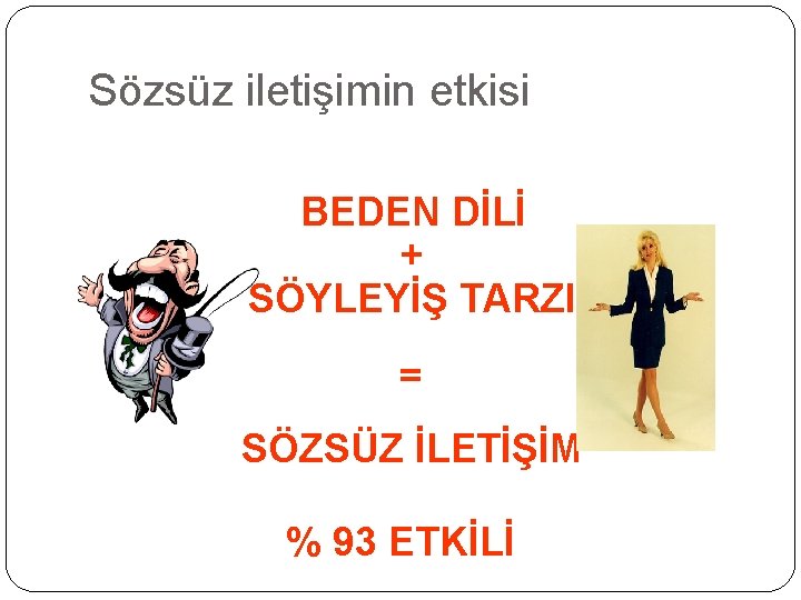 Sözsüz iletişimin etkisi BEDEN DİLİ + SÖYLEYİŞ TARZI = SÖZSÜZ İLETİŞİM % 93 ETKİLİ