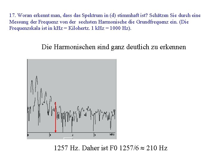 17. Woran erkennt man, dass das Spektrum in (d) stimmhaft ist? Schätzen Sie durch