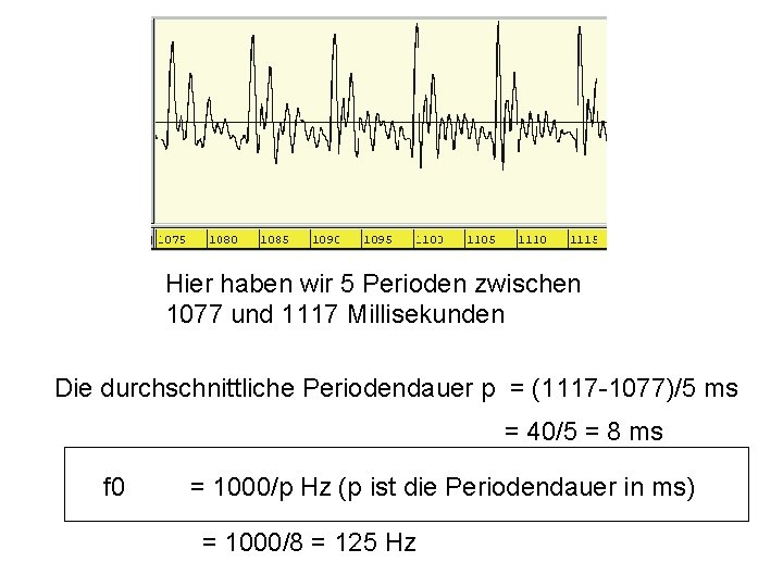 Hier haben wir 5 Perioden zwischen 1077 und 1117 Millisekunden Die durchschnittliche Periodendauer p