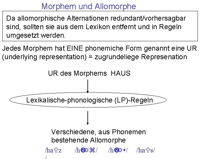 Morphem und Allomorphe Da allomorphische Alternationen redundant/vorhersagbar sind, sollten sie aus dem Lexikon entfernt