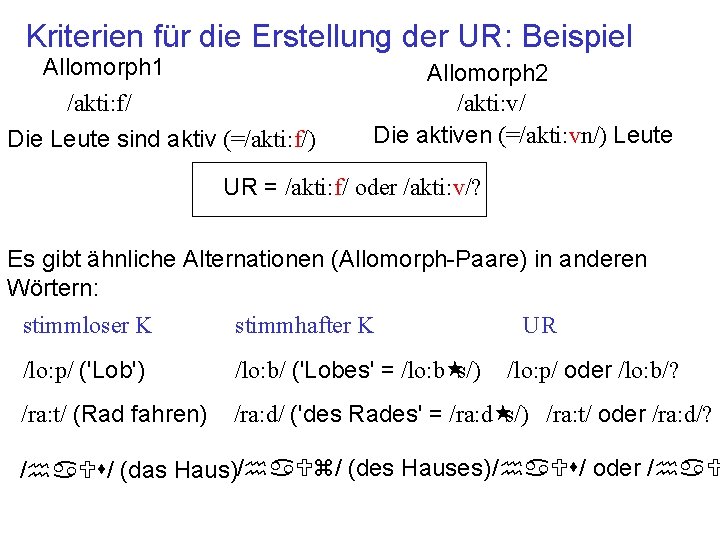 Kriterien für die Erstellung der UR: Beispiel Allomorph 1 /akti: f/ Die Leute sind