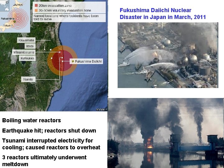 Fukushima Daiichi Nuclear Disaster in Japan in March, 2011 Boiling water reactors Earthquake hit;
