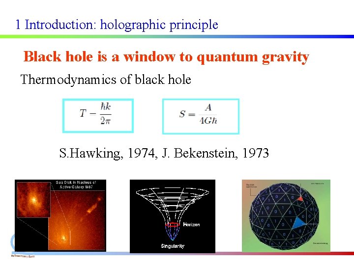 1 Introduction: holographic principle Black hole is a window to quantum gravity Thermodynamics of 1 Introduction: holographic principle Black hole is a window to quantum gravity Thermodynamics of