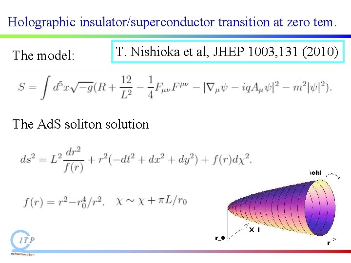 Holographic insulator/superconductor transition at zero tem. The model: T. Nishioka et al, JHEP 1003, Holographic insulator/superconductor transition at zero tem. The model: T. Nishioka et al, JHEP 1003,