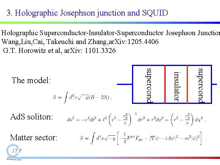 3. Holographic Josephson junction and SQUID Holographic Superconductor-Insulator-Superconductor Josephson Junction Wang, Liu, Cai, Takeuchi 3. Holographic Josephson junction and SQUID Holographic Superconductor-Insulator-Superconductor Josephson Junction Wang, Liu, Cai, Takeuchi