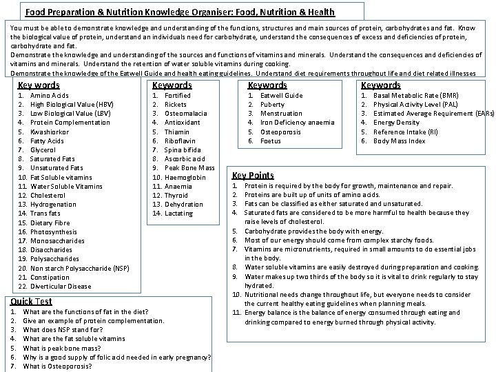 Food Preparation & Nutrition Knowledge Organiser: Food, Nutrition & Health You must be able