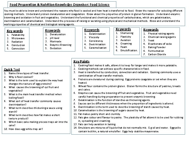 Food Preparation & Nutrition Knowledge Organiser: Food Science You must be able to know