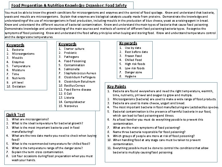 Food Preparation & Nutrition Knowledge Organiser: Food Safety You must be able to know