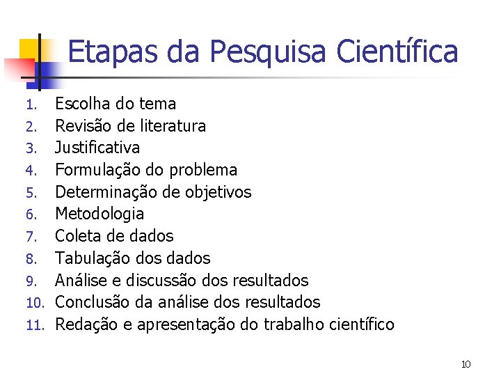 Etapas da Pesquisa Científica Escolha do tema 2. Revisão de literatura 3. Justificativa 4.