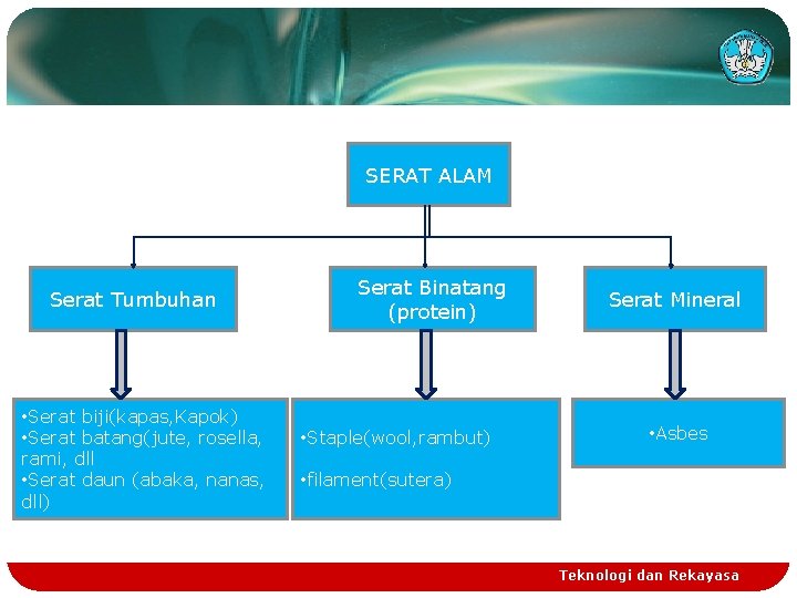 SERAT ALAM Serat Tumbuhan • Serat biji(kapas, Kapok) • Serat batang(jute, rosella, rami, dll