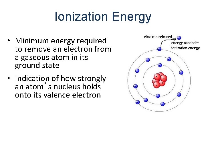 Ionization Energy • Minimum energy required to remove an electron from a gaseous atom