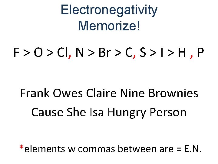 Electronegativity Memorize! F > O > Cl, N > Br > C, S >